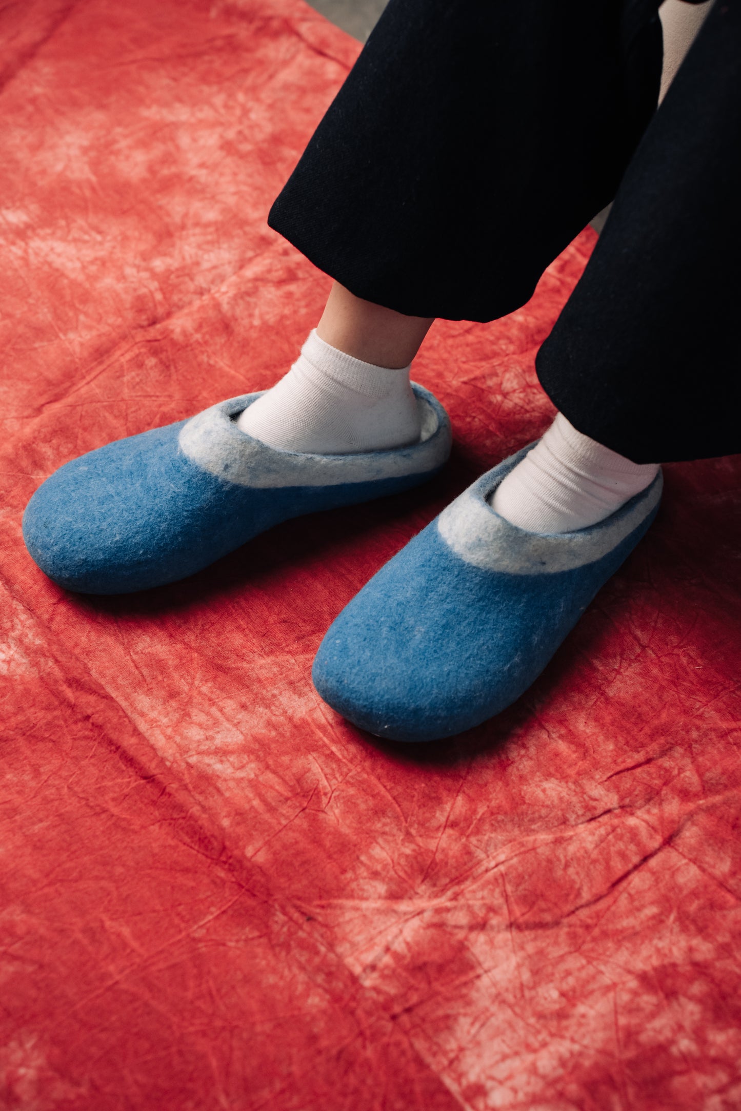 Solid Blue Slippers Design: Two-tone — deep sky blue with soft gradient at the ankle | 100% Wool | Sizes EU 39–45