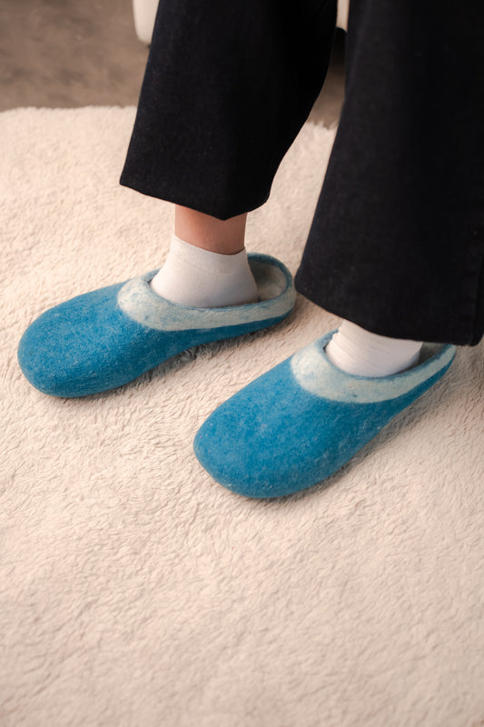 Solid Blue Slippers Design: Two-tone — deep sky blue with soft gradient at the ankle | 100% Wool | Sizes EU 38–43