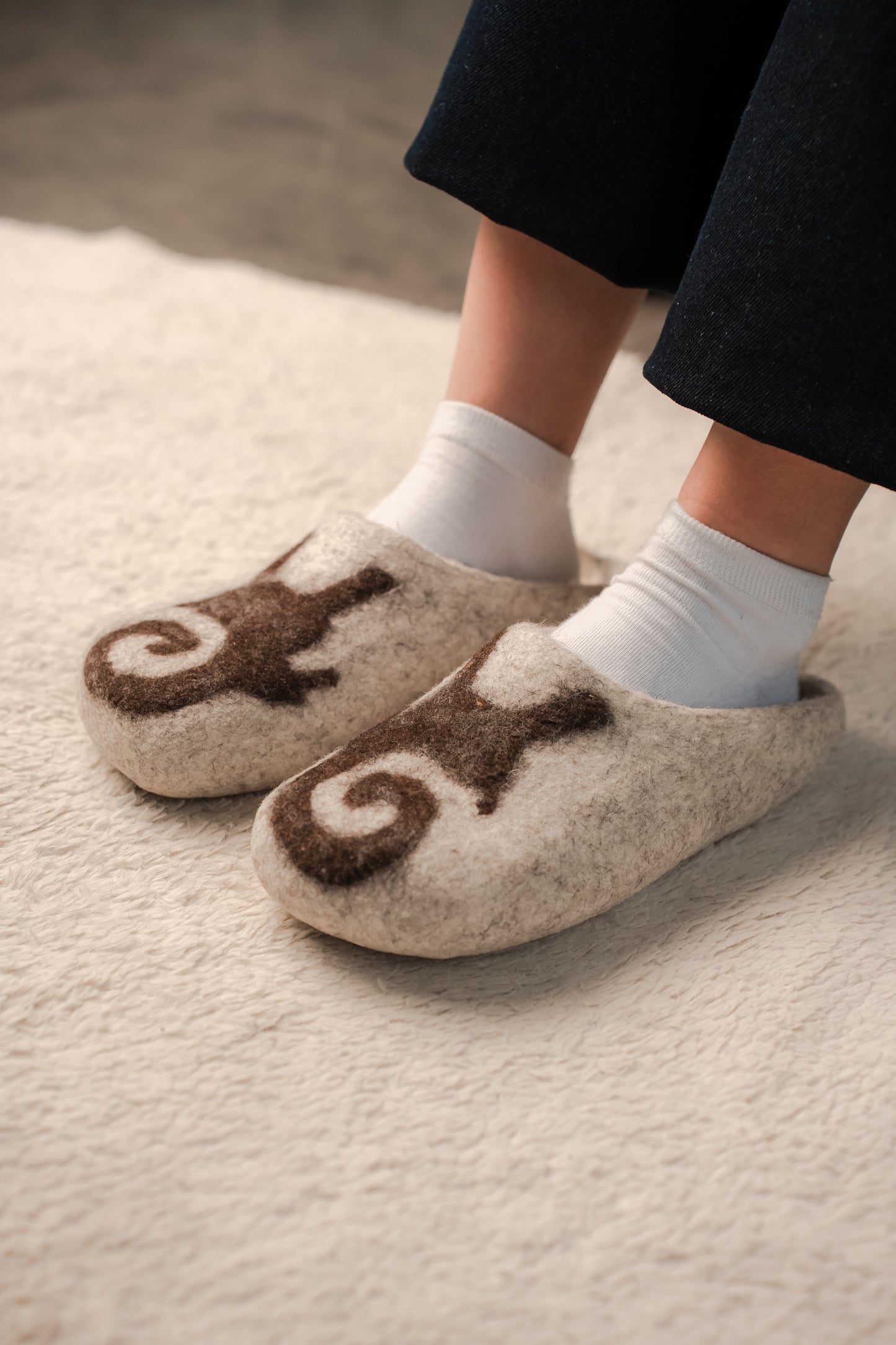 Handmade Eco Merino Wool Slippers – Nomad Symbol Slippers (Light Gray with Brown Pattern) | 100% Wool | Sizes EU 39–45