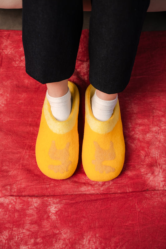 Yellow Slippers with Felted Bird Pattern | 100% Wool | Sizes EU 38–43