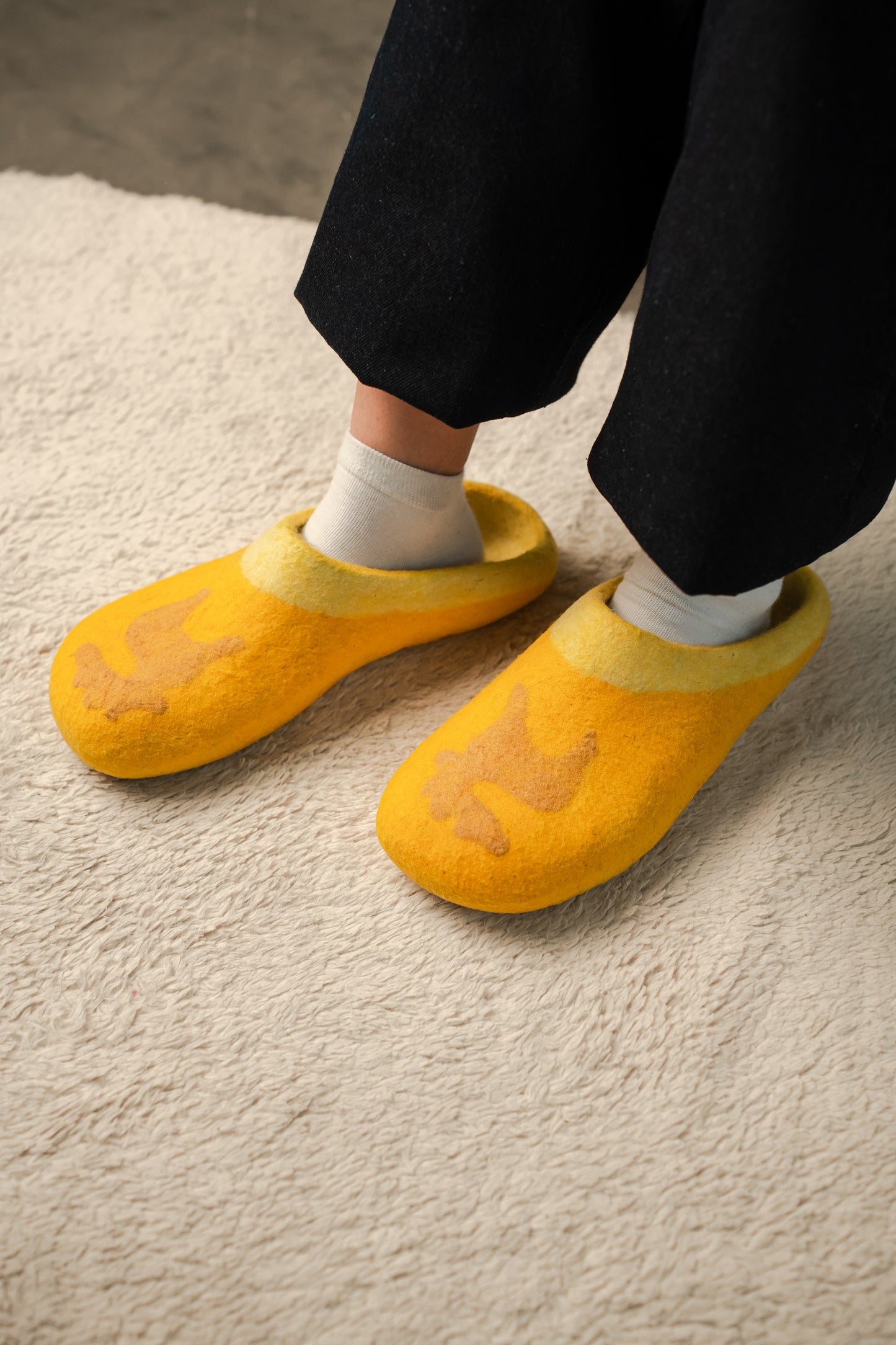 Yellow Slippers with Felted Bird Pattern | 100% Wool | Sizes EU 39–45