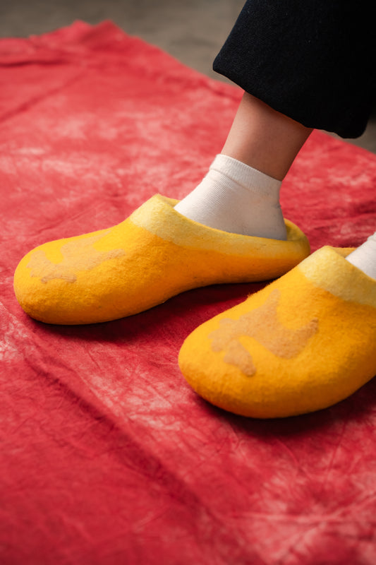 Yellow Slippers with Felted Bird Pattern | 100% Wool | Sizes EU 39–45