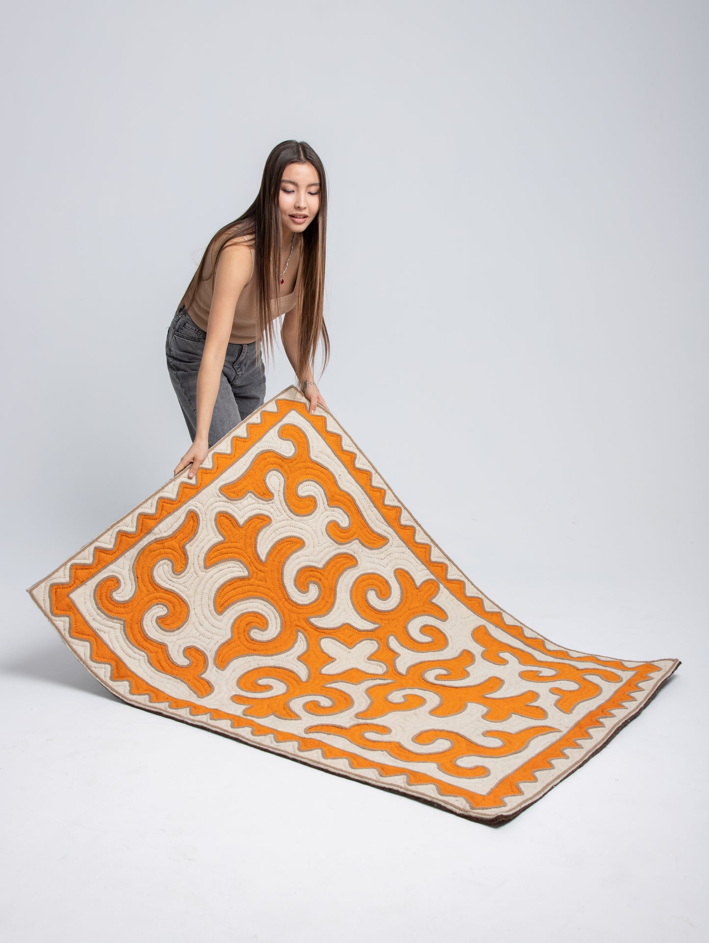 Handmade Merino Wool Felt Rug / Orange / "Beginning of Life" – Traditional Kyrgyz Symbolism