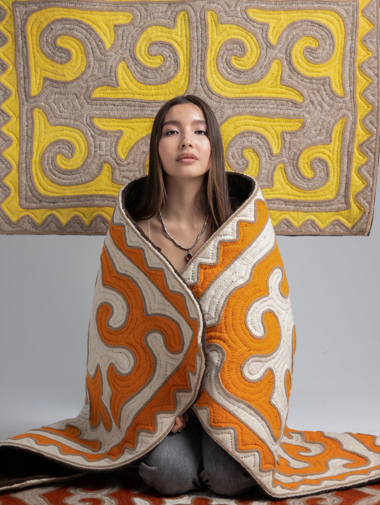 Handmade Merino Wool Felt Rug / Orange / "Beginning of Life" – Traditional Kyrgyz Symbolism